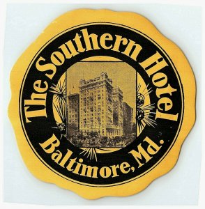 The Southern Hotel Baltimore Maryland Luggage Label Vtg Sticker Stamp Poster  