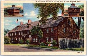 VINTAGE POSTCARD FORT WESTERN & BLOCK HOUSES AUGUSTA MAINE RED CROSS CANCEL 1946