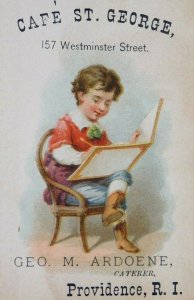 1870s-80s Cute Boy Reading Book Cafe St George, Providence, RI Victorian Card F8