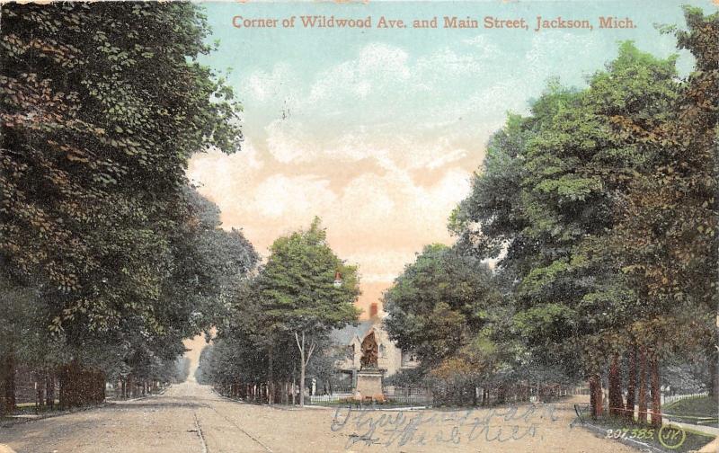 Jackson Michigan~Wildwood Ave & Main Street Corner~Monument Ahead~1909 Postcard