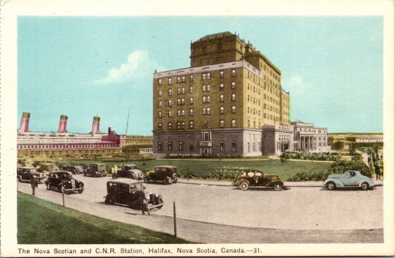 Nova Scotia CNR Station Halifax Canada Old Car Building Street UNP VTG Postcard 