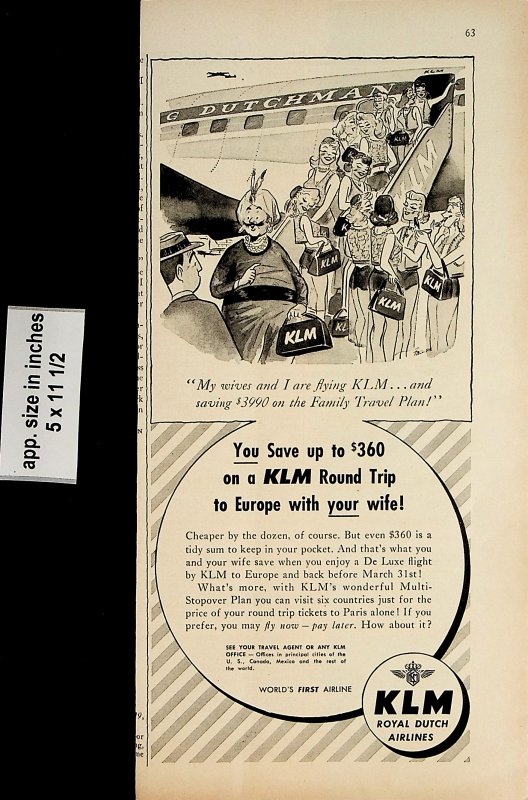 1956 KLM Royal Dutch Airlines Round Trip Europe Vintage Print Ad 6820