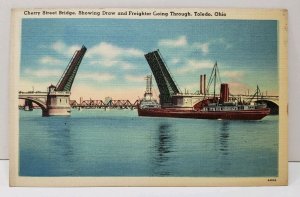 Cherry Street Bridge Showing Draw and Freighter Going Through Toledo Postcard A2