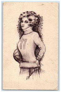 c1910's Pretty Woman Foot Bal Cobb Shinn Signed Signed Antique Postcard