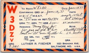 1937 QSL Radio Card Code W3DZV Baltimore MD Amateur Station Posted Postcard