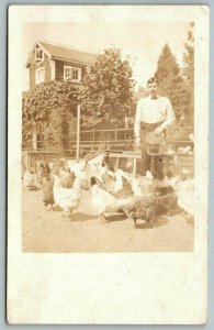 Real Photo Postcard ~Fellow in Starched Shirt & Bow Tie Feeding Chickens~c1908 