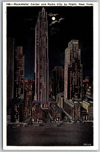 Vtg New York City NY Rockefeller Center & Radio City Night View 1930s Postcard