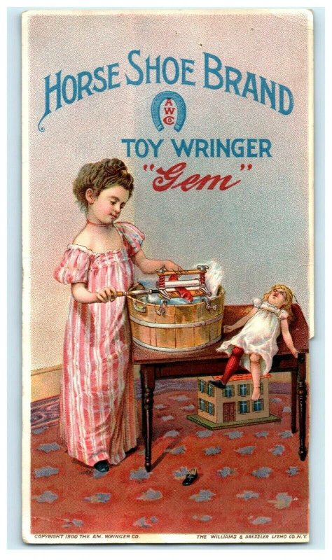 1900 Horse Shoe Brand Toy Wringer Child & Toy Doll Doing Laundry 2 #S