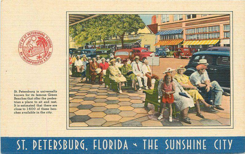 Green Benches 1940s St Petersburg Florida Rutlands linen postcard 5830