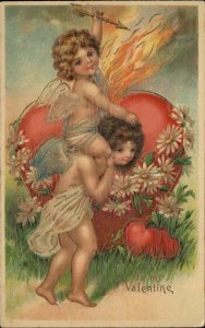 Valentine Fantasy Art Nouveau Cupid Flaming Hearts c1910 Postcard