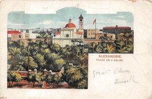 PLACE DE L' EGLISE ALEXANDRIA EGYPT TO USA STAMP POSTCARD 1908