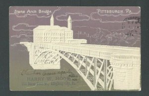 Ca 1906 Post Card Pitts PA Stone Arch Bridge Purple Green & White Airbrushed---