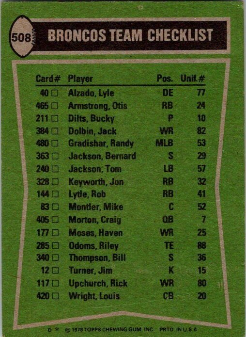 1978 Topps Football Card '77 Team Leaders Upchurch Moses Armstrong Bronc...
