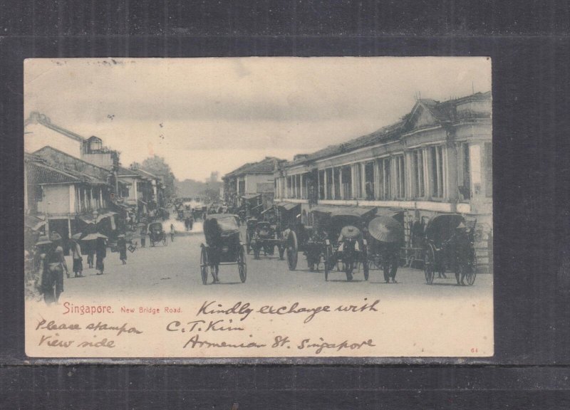 SINGAPORE, NEW BRIDGE ROAD, c1910 ppc. used to South Australia, stamp removed.