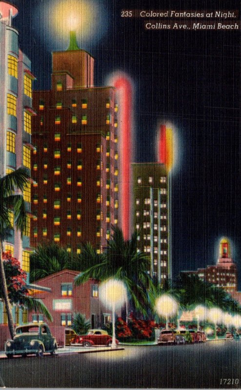 Florida Miami Beach Colored Fantasies At Night Along Collins Avenue