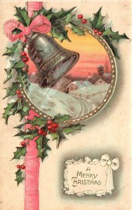 Vintage Postcard 1911 A Merry Christmas Xmas Greetings Card Red Ribbon Bell