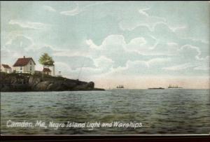 Camden ME Negro Island Lighthouse & Battleships c1910 Postcard