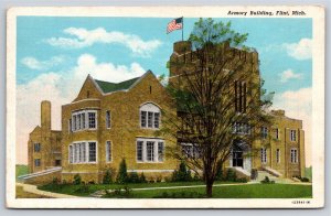 Flint MI~National Guard Armory Bldg~Home To Bravo 125th Battalion~Vtg Linen PC