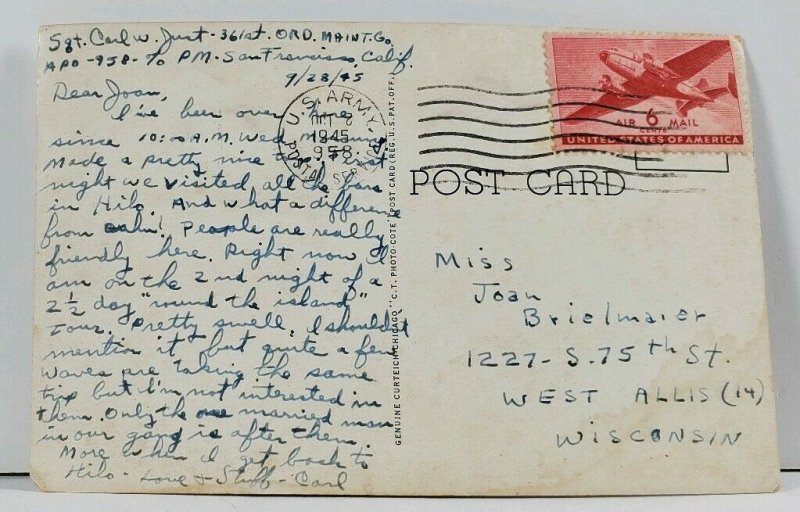 Hawaii Coconut Island Hilo c1945 Soldiers Mail to West Allis Wis. Postcard L10