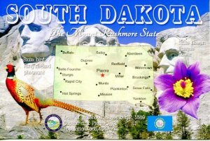 SOUTH DAKOTA  Map Postcard - The Mount Rushmore State -  State Symbols