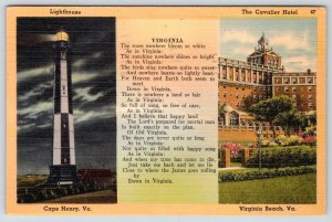 1955 CAPE HENRY LIGHTHOUSE CAVALIER HOTEL VIRGINIA BEACH VA STATE SONG POSTCARD