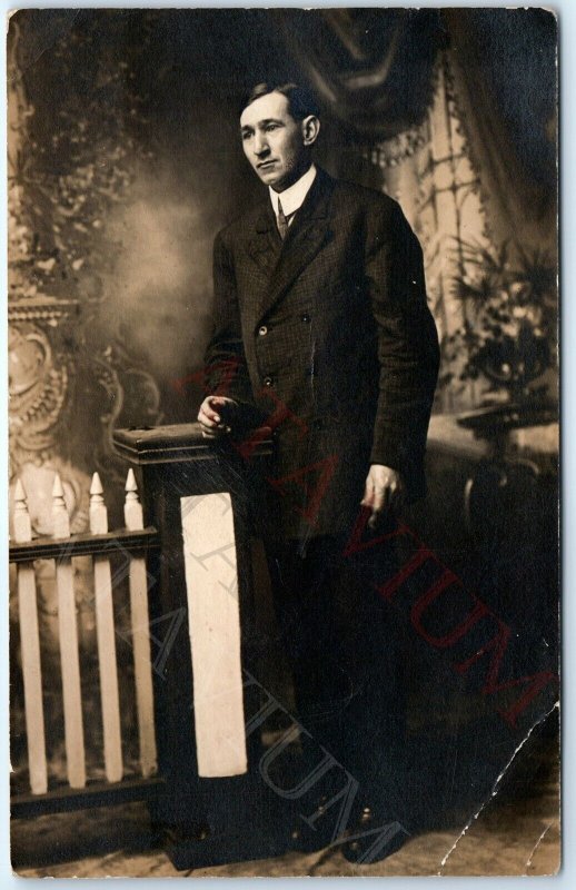 ID'd c1910s Handsome Pondering Man RPPC Tall Gentleman Real Photo Ed Plugh A159