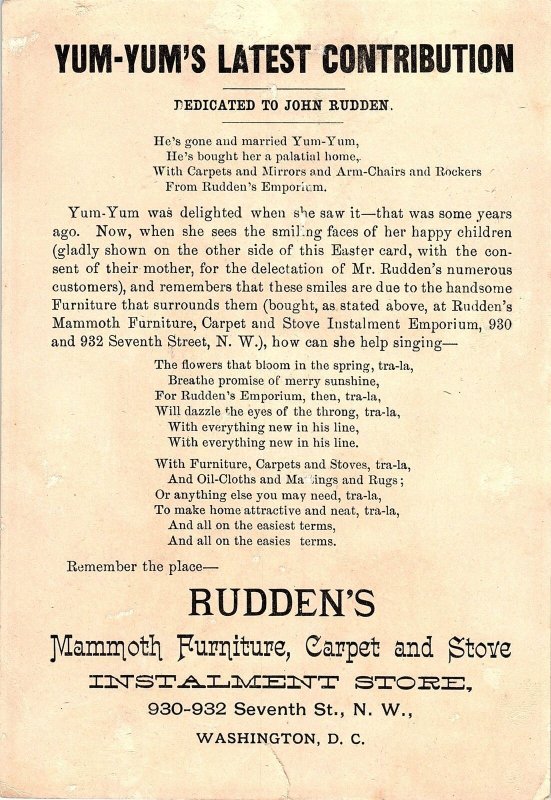 c1880 WASHINGTON DC RUDDENS FURNITURE INSTALLMENT STORE AD TRADE CARD 40-97