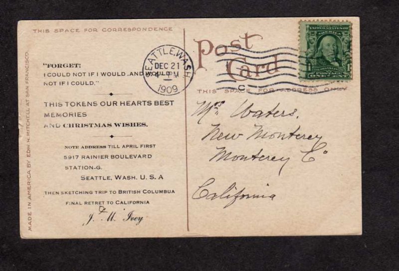 WA Lower Falls Spokane Washington Postcard 1909 Christmas Greetings