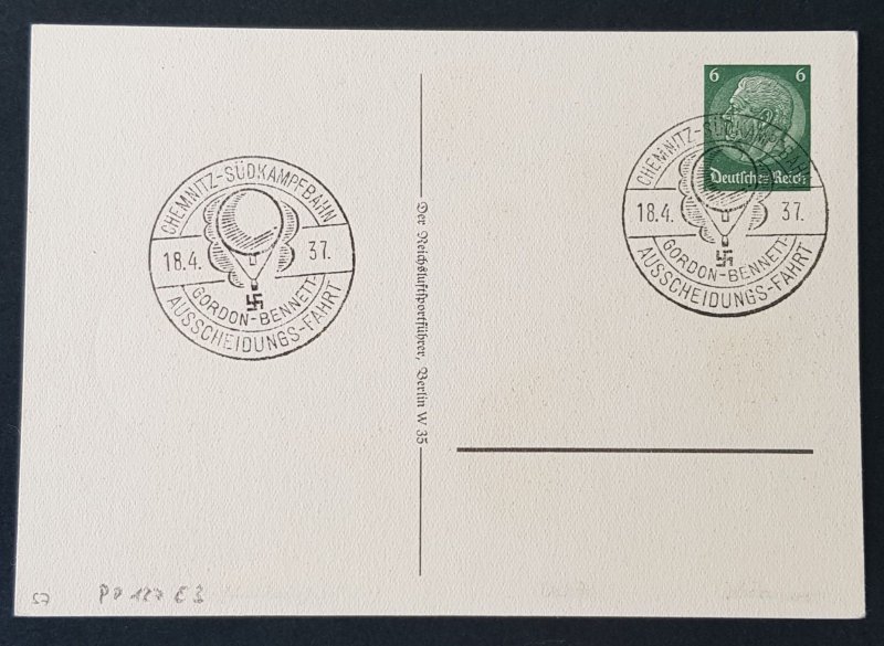 GERMAN THIRD 3rd REICH PROPAGANDA CARD 1937 CHEMNITZ GORDON BENNETT BALLOON RACE