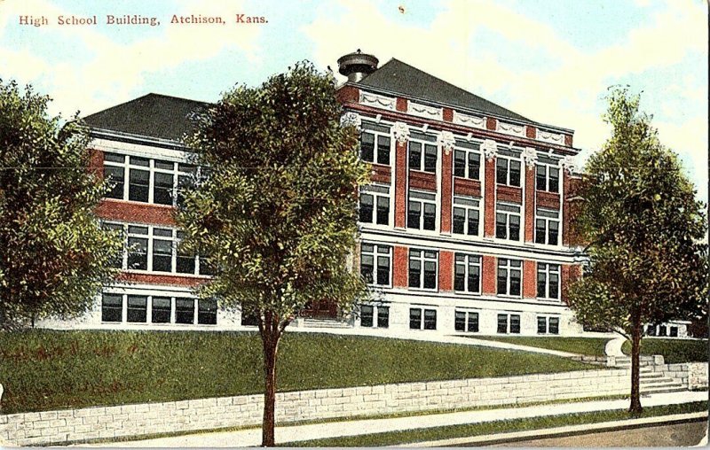 High School Building Atchison Kans. Kansas Vintage Postcard Standard View Card