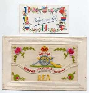 Greetings Embroirdered Silk World Flags Forget Me Not Pocket Postcard AA53552