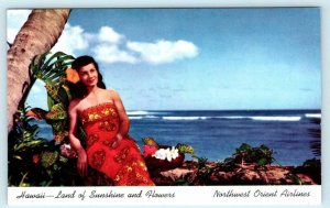 NORTHWEST ORIENT AIRLINES Advertising HAWAII Sunshine and Flowers 1950s Postcard
