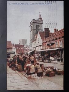 Hertfordshire ST. ALBANS Street Traders & Market CLOCK TOWER & ABBEY c1923