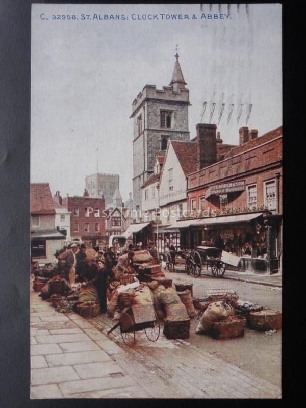 Hertfordshire ST. ALBANS Street Traders & Market CLOCK TOWER & ABBEY c1923