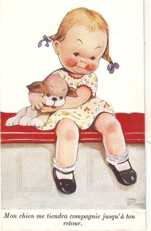 M.L. Attwell. Little gitl with her pet. Lovely old vintage Valentine postcard