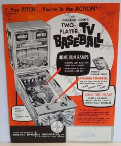 Two Player TV Baseball Original Baseball Game Pinball Flyer Chicago Coin 1966