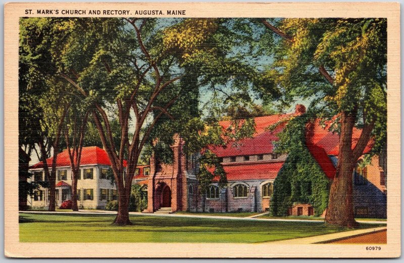 St. Mark Church and Rectory Augusta Maine ME Big Trees Grounds Postcard