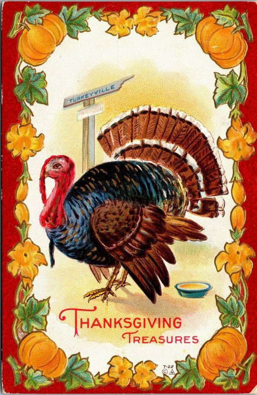 VINTAGE POSTCARD THANKSGIVING TREASURES LARGE TURKEY MAILED 1914 DOUBLE CANCEL