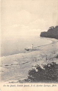 P O Harbor Springs Michigan~Emmet Beach~Man on Shore~c1910 B&W Postcard