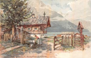 BAUERNHAUS AM ACHENSEE SWITZERLAND WOMAN WASHING CLOTHES POSTCARD (c. 1900)