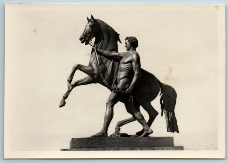 1955 LENINGRAD Semi Nude Man and horse Monument RPPC Russian USSR Postcard