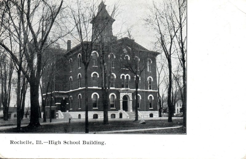 VINTAGE POSTCARD THE HIGH SCHOOL BUILDING AT ROCHELLE ILLINOIS MAILED 1908