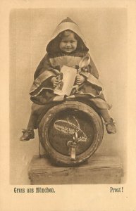 Postcard Little Girl Dressed As Munich Maid Sits on Beer Keg Drinking Beer Prost