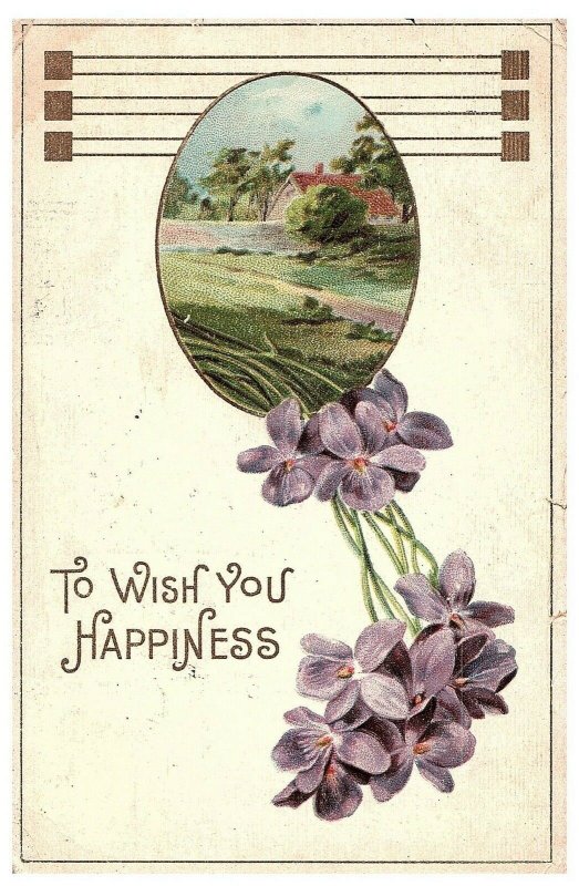 To Wish You Happiness Floral Vintage Greetings Postcard - Posted 1910