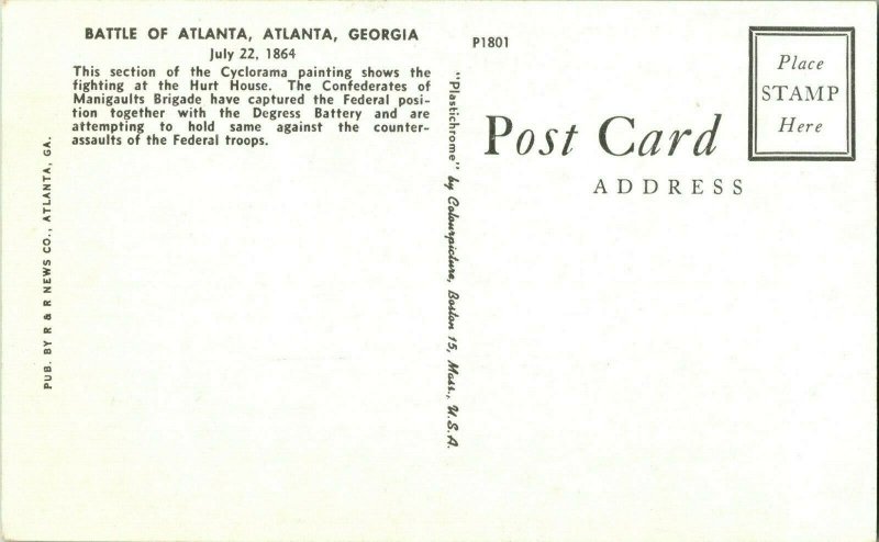 Atlanta Georgia GA Battle of Atlanta 1864 Unused UNP Vtg Chrome Postcard  S21