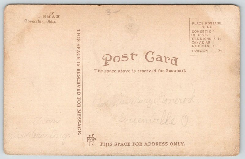 Greenville Ohio~East Fourth Street Homes~Name on Porch~Dirt Road~1908 Postcard 