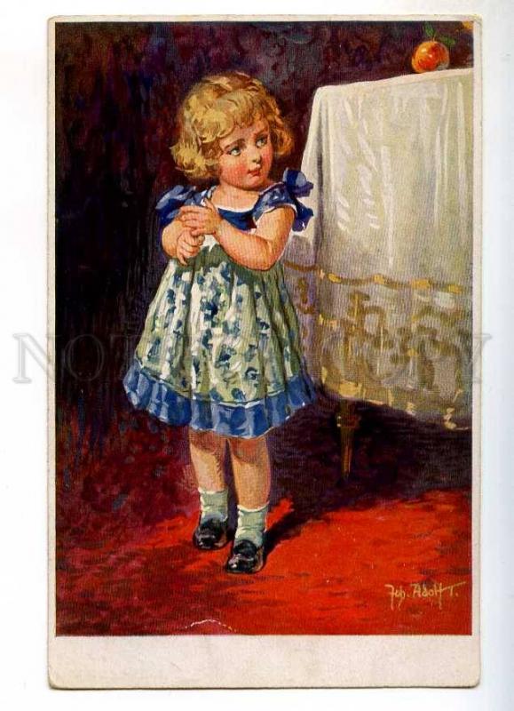 240395 Girl in Blue Dress w/ APPLE by T. Joh. ADOLF vintage PC