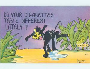 Linen comic signed DOG PEEING ON TOBACCO - CIGARETTES TASTE DIFFERENT HJ1987