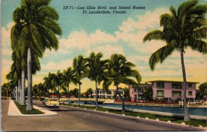 VINTAGE POSTCARD LAS OLAS BLVD AND ISLAND HOMES FORT LAUDERDALE F.L. POSTED 1955