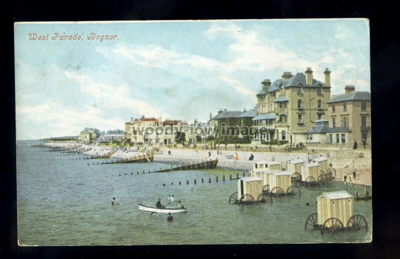 TQ3718 - Bathing Machines in use on West Parade, Bognor Regis, printed postcard